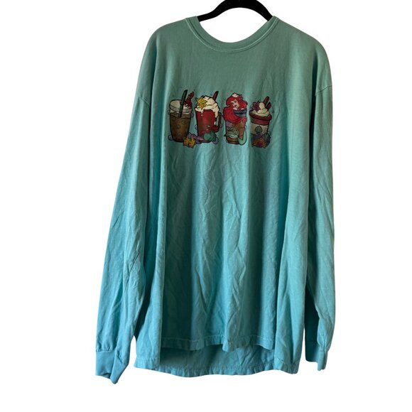 DISNEY LITTLE MERMAID COFFEE LONG SLEEVE AQUA GRAPHIC TEE SHIRT TSHIRT - Picture 1 of 4